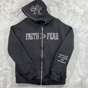 Fearless Full Zip Hoodie Women's L Black Faith Greater Than Fear Rhinestone